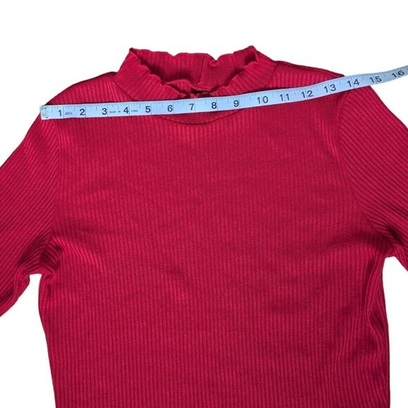 HM Red  Ribbed Long Sleeve Party Top With Frilled Neckline and Sleeves Women M - Picture 6 of 8